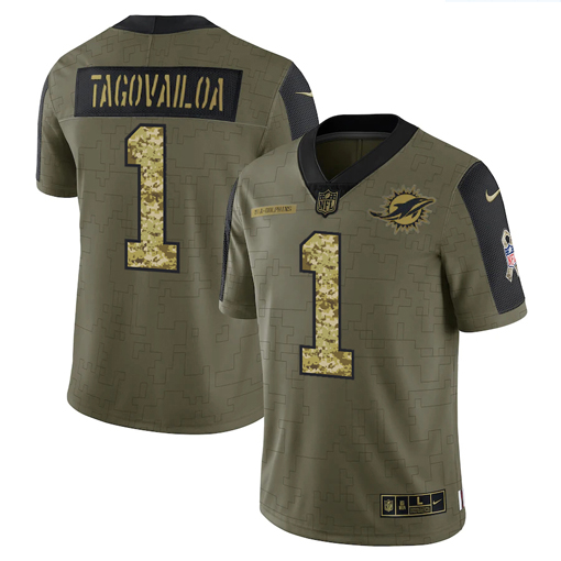 Men's Miami Dolphins #1 Tua Tagovailoa 2021 Olive Camo Salute To Service Limited Stitched Jersey Men's Miami Dolphins #1 Tua Tagovailoa 2021 Olive Camo Salute To Service Limited Stitched Jersey